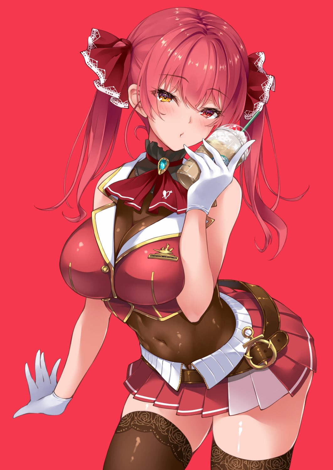 1girl bangs bare_shoulders blush breasts eyebrows_visible_through_hair gloves hair_ribbon heterochromia highres hololive houshou_marine iroha_(unyun) large_breasts leotard leotard_under_clothes long_hair looking_at_viewer open_mouth red_eyes redhead ribbon solo thick_thighs thigh-highs thighs twintails virtual_youtuber yellow_eyes