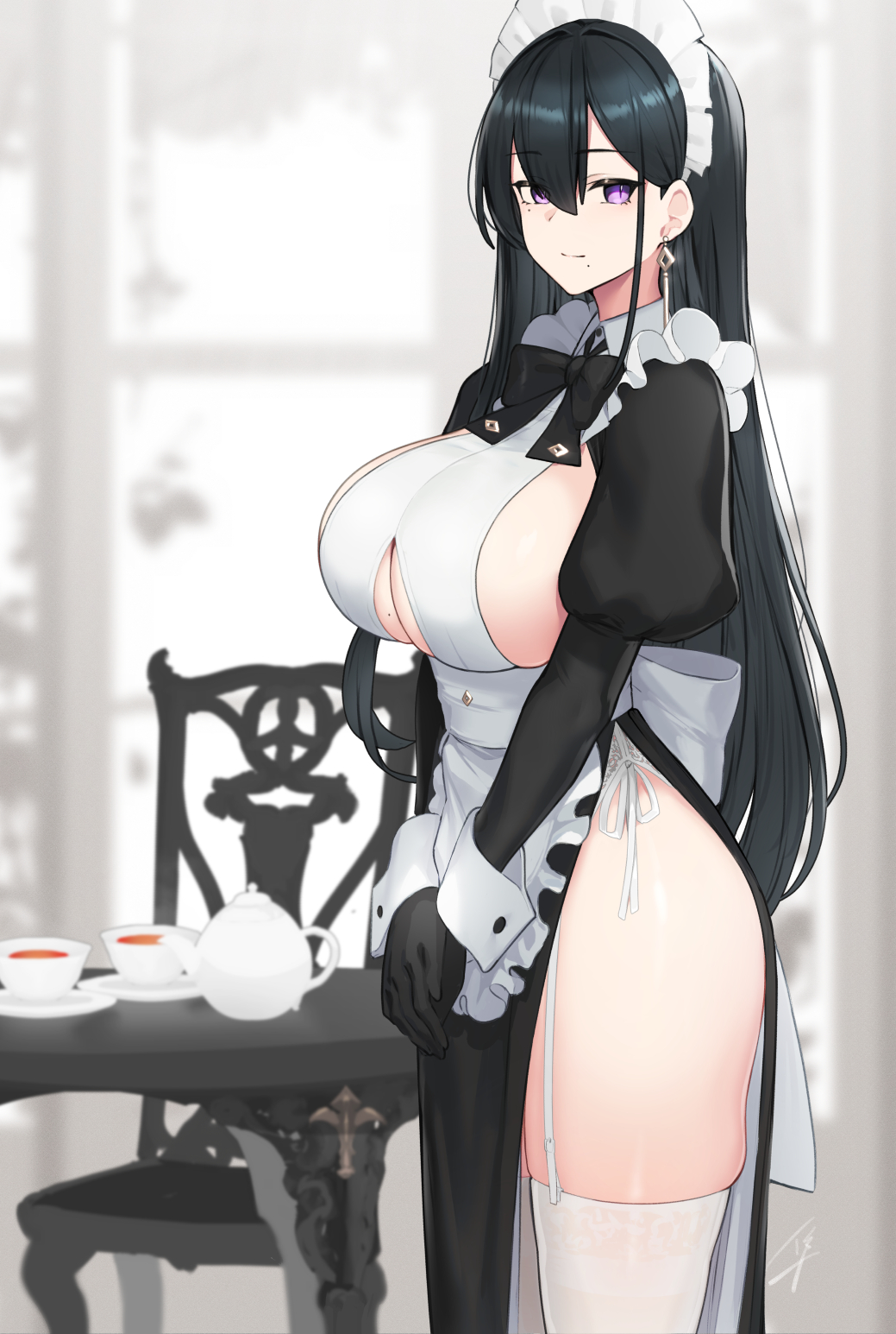 1girl apron bangs black_dress black_hair blush bow bowtie breasts clothing_cutout dress ear_piercing earrings garter_straps hayabusa highres jewelry juliet_sleeves kettle large_breasts long_hair long_sleeves looking_at_viewer maid maid_apron maid_headdress mole mole_on_breast original panties pelvic_curtain piercing puffy_sleeves side-tie_panties sideboob single_earring smile solo table thigh-highs thighs under_boob underboob_cutout underwear violet_eyes waist_apron white_apron white_legwear wrist_cuffs