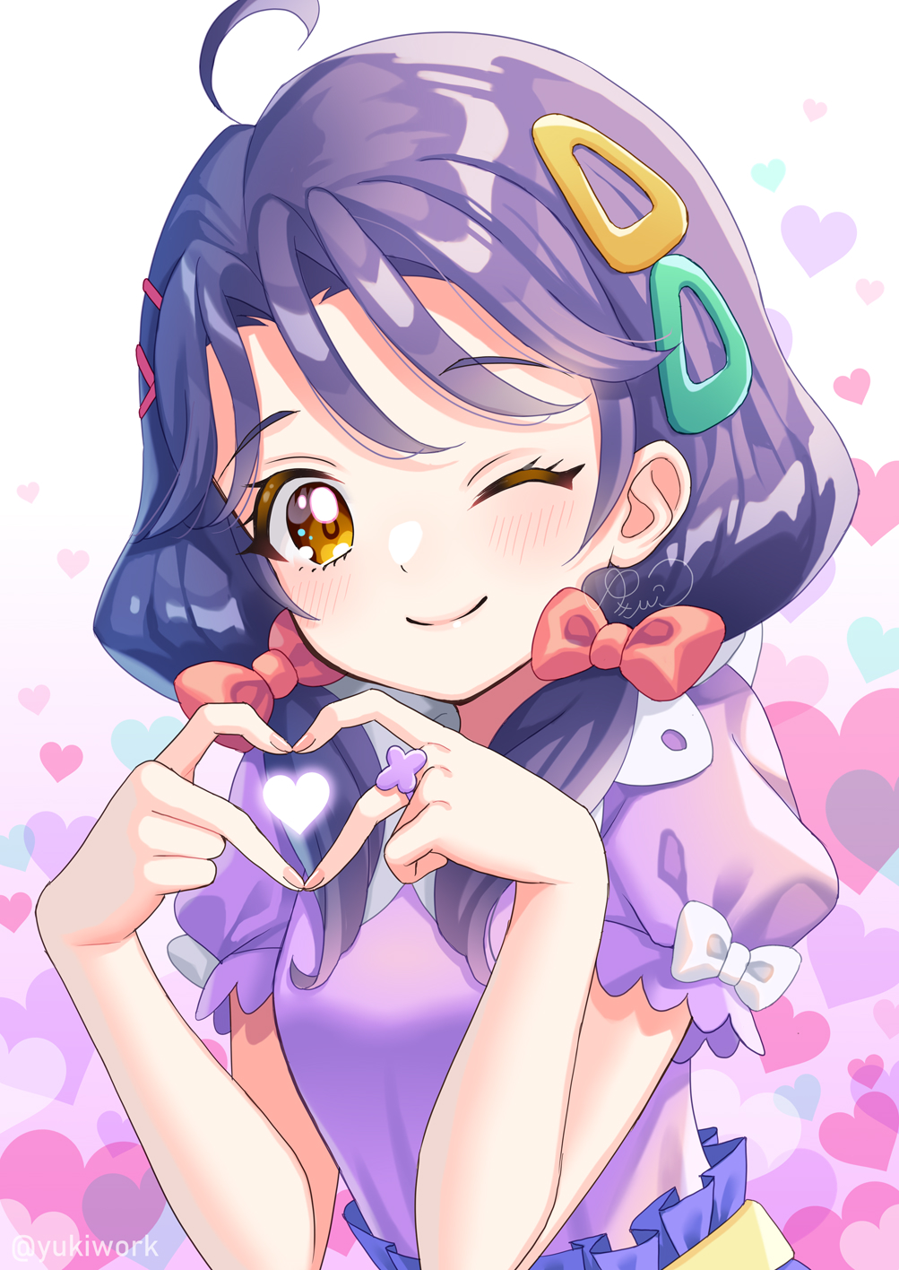 1girl ahoge blue_skirt blush breasts brown_eyes eyebrows_visible_through_hair hair_ornament hair_ribbon heart heart_background heart_hands highres long_hair looking_at_viewer low_twintails precure purple_hair purple_shirt ribbon shirt short_sleeves skirt small_breasts smile solo suzumura_sango triangle_hair_ornament tropical-rouge!_precure twintails upper_body white_background yukinko_(yukiwork)