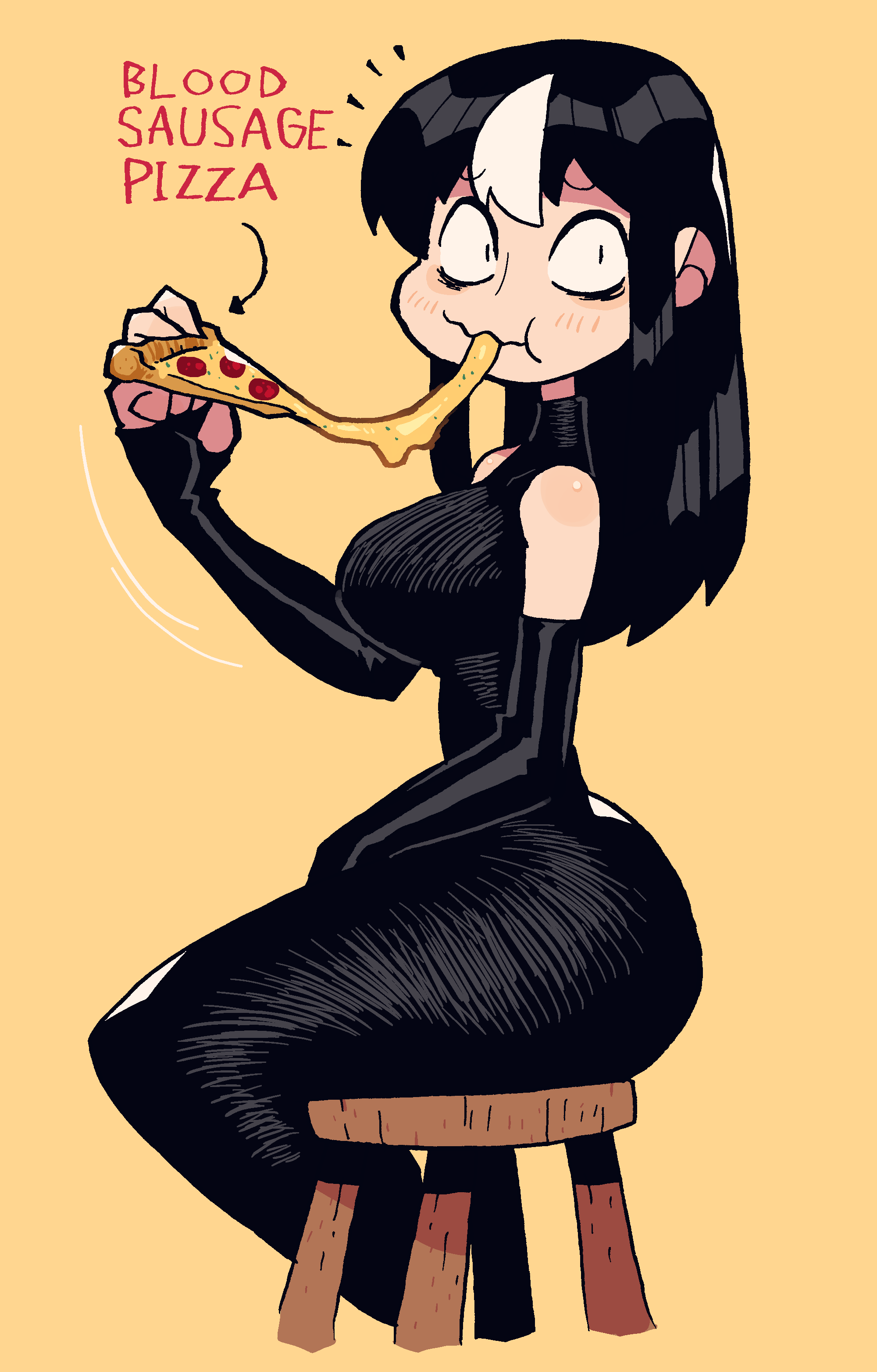 1girl absurdres black_hair black_sleeves breasts cheese_trail detached_sleeves dress eating food highres long_dress looking_at_viewer looking_to_the_side mixed-language_commentary multicolored_hair noss_(rariatto) original pizza pizza_slice rariatto_(ganguri) ribbed_dress sitting sleeveless sleeveless_dress streaked_hair thighs vampire white_hair yellow_background