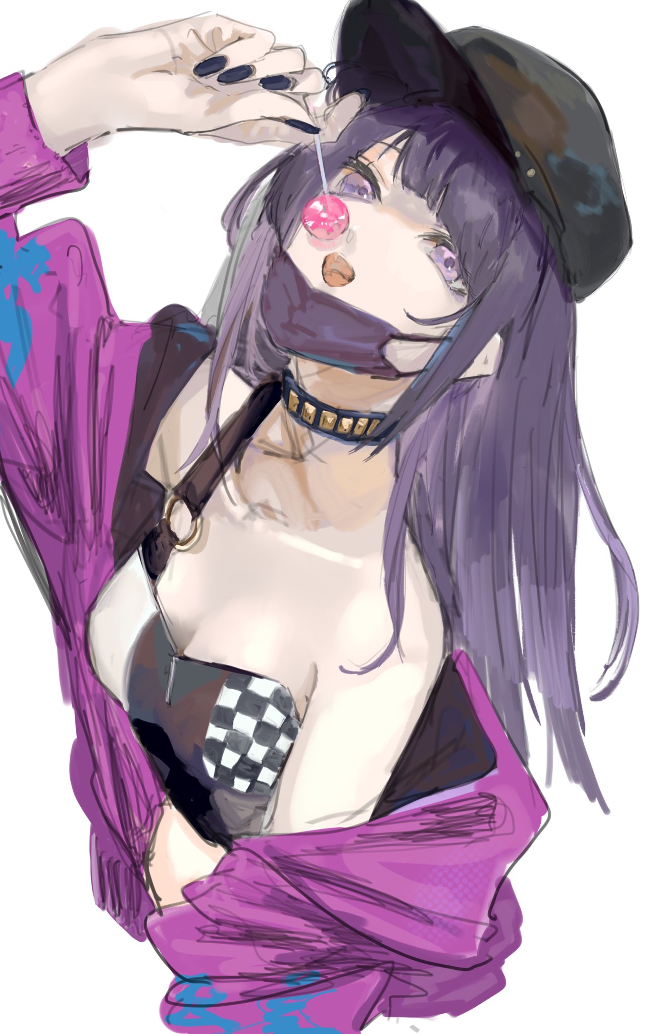 1girl :o asymmetrical_clothes candy collarbone cropped_torso food highres holding holding_candy holding_food idolmaster idolmaster_shiny_colors jacket jacket_partially_removed lollipop looking_at_viewer mask_pull nail_polish purple_hair purple_jacket simple_background solo takashi_(cry_191) tanaka_mamimi violet_eyes white_background