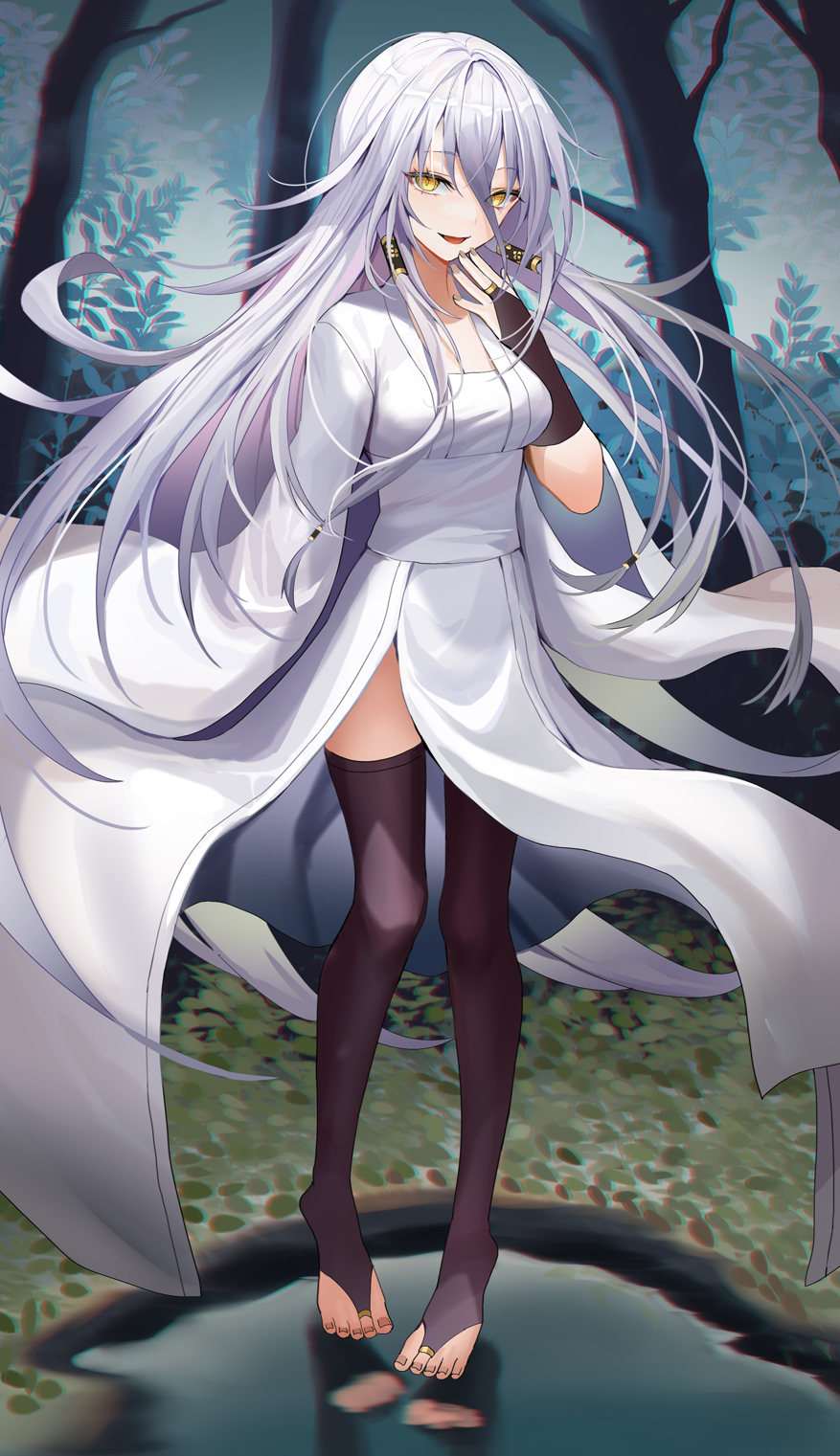 1girl bangs breasts bridal_gauntlets bridal_legwear brown_legwear commentary commission day dress english_commentary eyebrows_visible_through_hair full_body grey_hair hair_between_eyes highres lloule long_hair long_sleeves medium_breasts original outdoors pixiv_request puddle reflection sleeves_past_fingers sleeves_past_wrists solo toeless_socks toes tree very_long_hair water white_dress wide_sleeves yellow_eyes