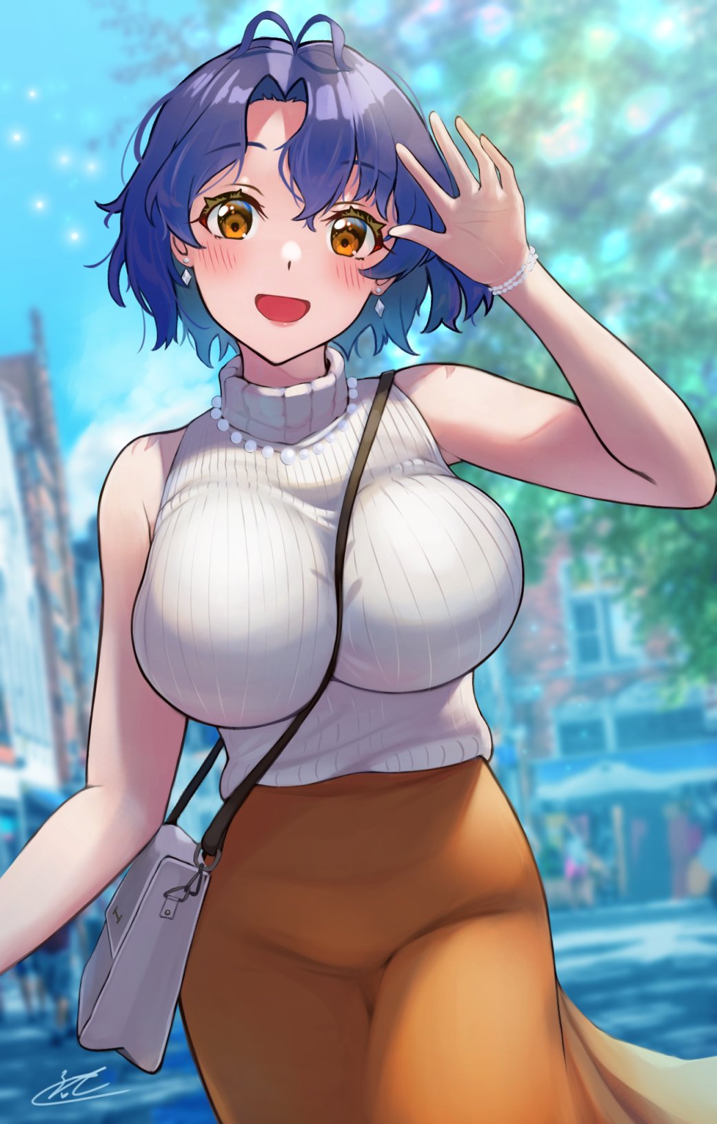 1girl antenna_hair bag between_breasts blue_hair blurry blurry_background breasts c_(theta) cowboy_shot earrings hand_up highres idolmaster idolmaster_million_live! idolmaster_million_live!_theater_days jewelry large_breasts light_blush looking_at_viewer open_mouth orange_eyes orange_skirt short_hair shoulder_bag skirt sleeveless sleeveless_sweater sleeveless_turtleneck smile solo strap_between_breasts sweater toyokawa_fuka turtleneck turtleneck_sweater white_sweater