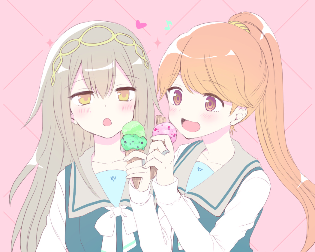 2girls commentary_request food grey_hair ice_cream kanechitomoyo kirari_hikaru kureha_yuna long_hair magia_record:_mahou_shoujo_madoka_magica_gaiden mahou_shoujo_madoka_magica multiple_girls orange_eyes orange_hair pale_color pastel_colors ponytail school_uniform yellow_eyes