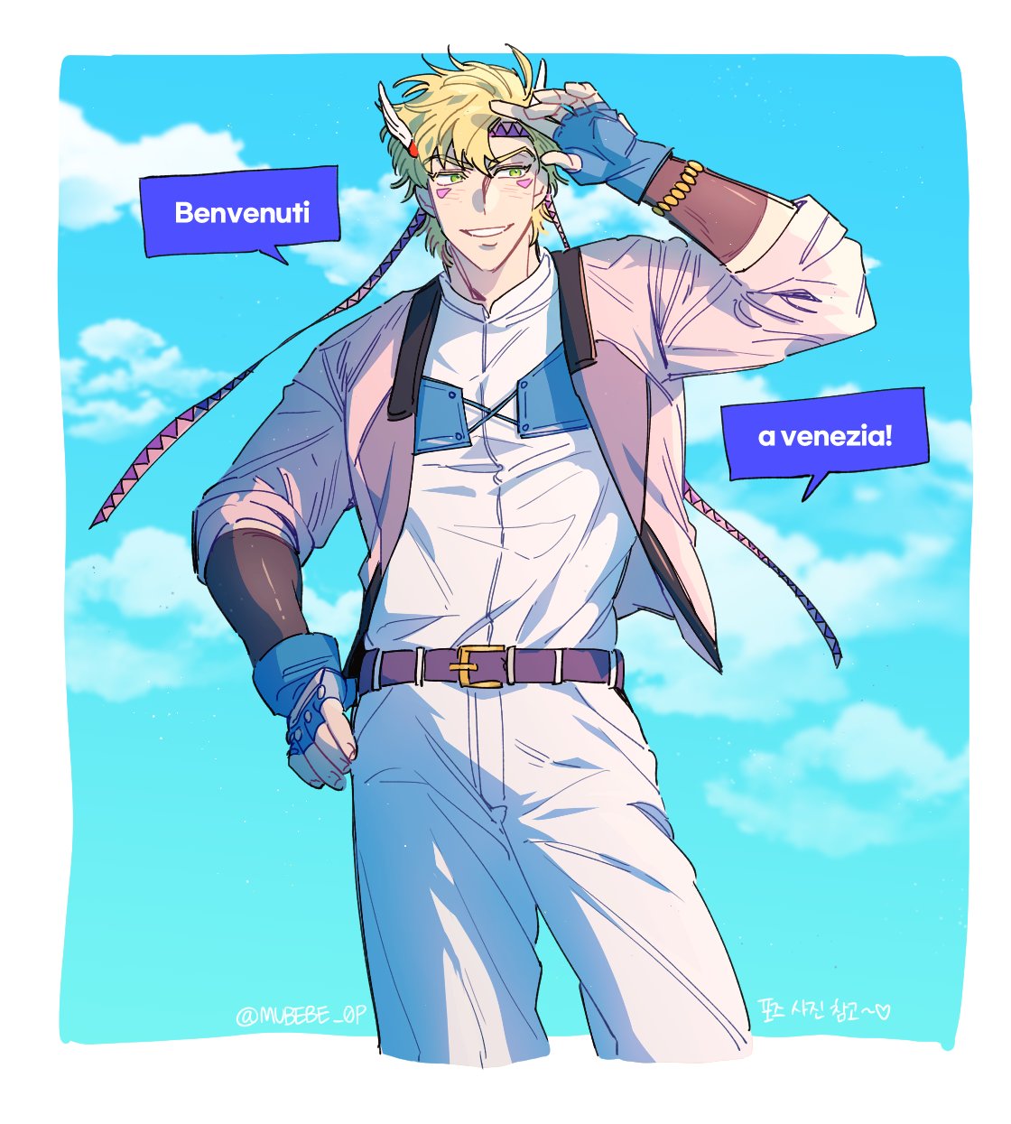 1boy battle_tendency blonde_hair caesar_anthonio_zeppeli facial_mark feather_hair_ornament feathers fingerless_gloves gloves hair_ornament hand_on_hip headband highres jacket jojo_no_kimyou_na_bouken male_focus mubebe_0p pants purple_jacket shading_eyes sky solo white_background white_pants