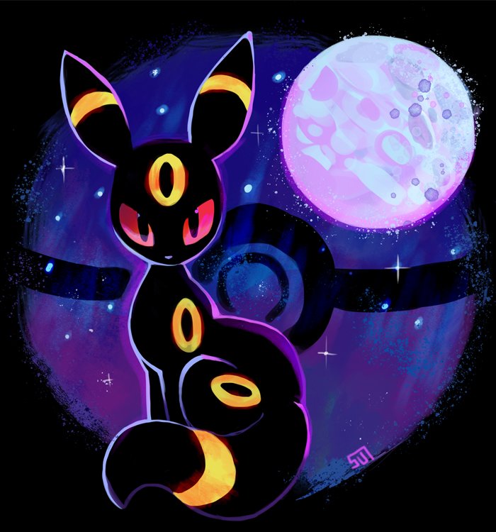 colored_sclera full_moon looking_at_viewer moon no_humans pokemon pokemon_(creature) red_sclera signature sitting solo sui_(suizilla) umbreon