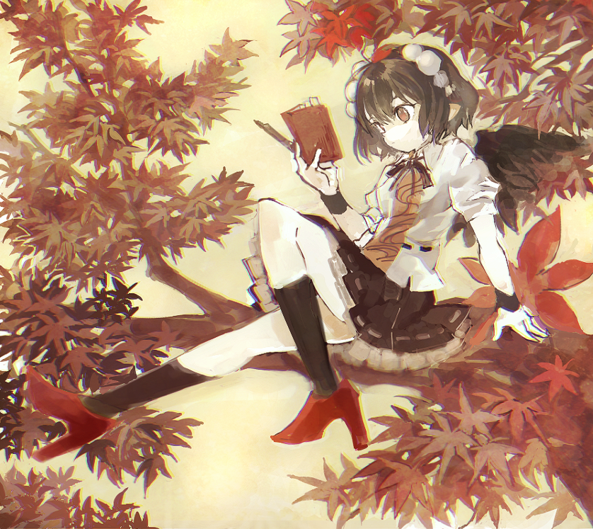 1girl autumn autumn_leaves bangs bird_wings black_hair black_legwear black_ribbon black_wings book collared_shirt commentary_request full_body hair_between_eyes hat high_heels holding holding_book kneehighs konabetate neck_ribbon orange_eyes petticoat pointy_ears pom_pom_(clothes) puffy_short_sleeves puffy_sleeves red_footwear red_headwear ribbon ribbon-trimmed_skirt ribbon_trim shameimaru_aya shirt short_hair short_sleeves solo tokin_hat touhou white_shirt wings wristband