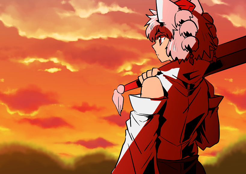 1girl animal_ears bare_shoulders black_skirt clouds detached_sleeves gagamatsu hat holding holding_sword holding_weapon inubashiri_momiji long_sleeves one-hour_drawing_challenge outdoors over_shoulder red_eyes red_headwear shirt short_hair skirt solo sunset sword sword_over_shoulder tokin_hat touhou upper_body weapon weapon_over_shoulder white_shirt wolf_ears