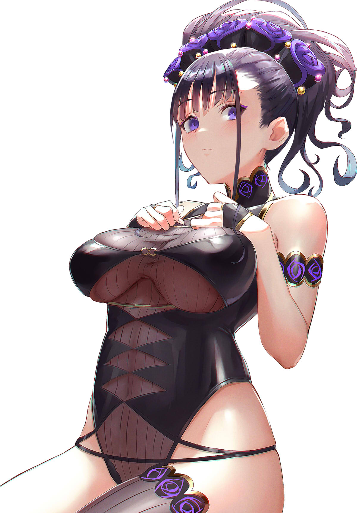 1girl armlet bangs bare_shoulders black_hair black_swimsuit blush breasts closed_mouth covered_navel eyebrows_visible_through_hair fate/grand_order fate_(series) fingernails gold_trim hair_ornament hands_on_own_chest highleg highleg_swimsuit highres large_breasts long_hair looking_at_viewer makeup murasaki_shikibu_(fate) murasaki_shikibu_(swimsuit_rider)_(fate) murasaki_shikibu_(swimsuit_rider)_(first_ascension)_(fate) one-piece_swimsuit otsukemono shiny shiny_clothes simple_background single_thighhigh solo swimsuit symbol-only_commentary thigh-highs turtleneck violet_eyes