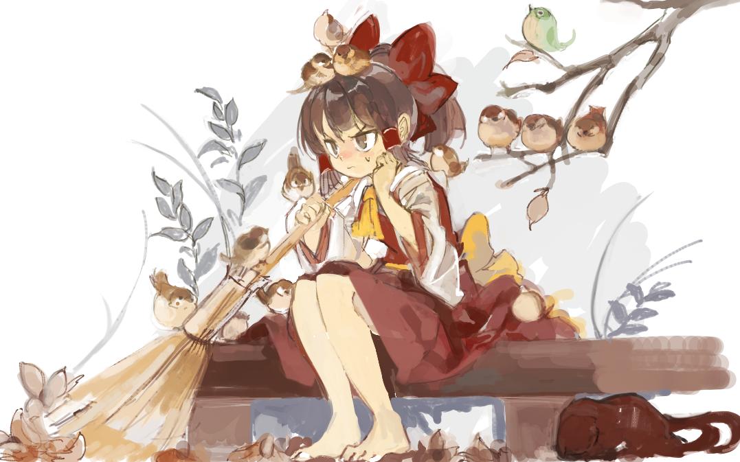 1girl :| animal_on_head animal_on_shoulder annoyed ascot autumn autumn_leaves barefoot bird bird_on_bird bird_on_hand bird_on_head bird_on_shoulder bow broom brown_eyes brown_hair closed_mouth detached_sleeves full_body hair_bow hakurei_reimu hand_on_own_cheek hand_on_own_face holding holding_broom konabetate nekomata on_head red_bow red_skirt red_vest sitting_on_bench skirt skirt_set solo sparrow sweatdrop touhou v-shaped_eyebrows vest waist_bow wide_sleeves yellow_ascot yellow_bow