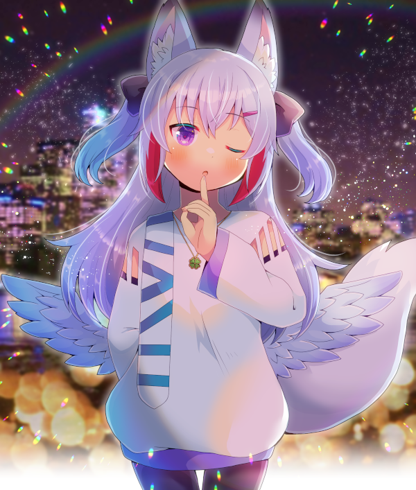 1girl ;o animal_ear_fluff animal_ears black_bow black_legwear blurry blurry_background blush bow building commentary_request commission copyright_request depth_of_field dress feathered_wings finger_to_mouth four-leaf_clover_necklace grey_hair hair_bow hand_up kou_hiyoyo long_hair long_sleeves looking_at_viewer low_wings multicolored_hair night night_sky one_eye_closed outdoors pantyhose parted_lips redhead skeb_commission sky skyscraper solo streaked_hair tail two_side_up very_long_hair white_dress white_wings wide_sleeves wings