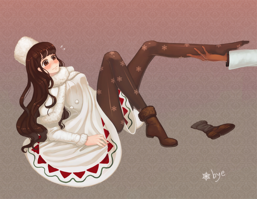 1girl bag blush boots brown_eyes brown_hair bye capelet cocoa_cookie cookie_run dress full_body humanization long_hair long_sleeves pantyhose personification snowflake_print solo very_long_hair