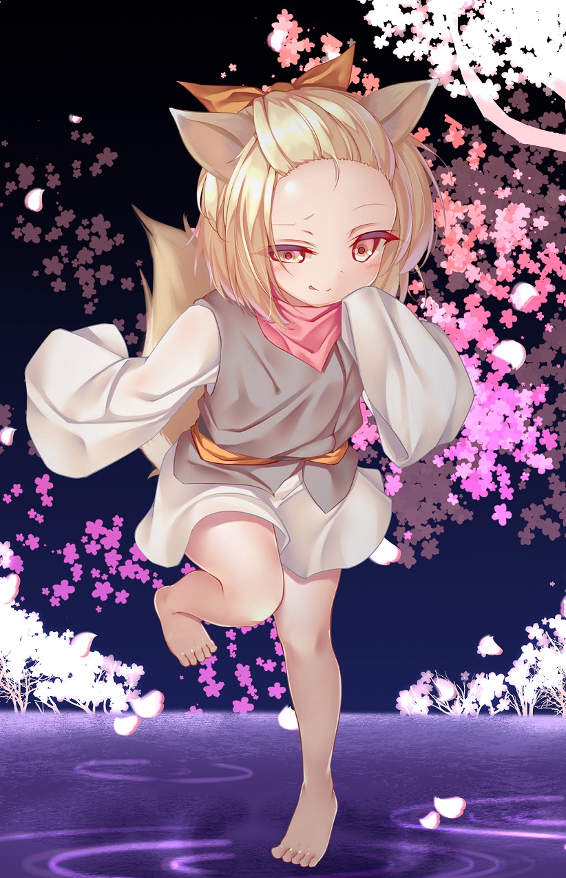 animal_ears ash_blossom_&amp;_joyous_spring barefoot brown_hair cherry_blossoms duel_monster falling_petals forehead full_body highres japanese_clothes kimono looking_at_viewer miyajima_(anthem-anthem) petals ripples scarf short_hair short_kimono smug standing standing_on_liquid standing_on_one_leg tail tongue tongue_out tree very_long_sleeves water white_kimono yu-gi-oh!