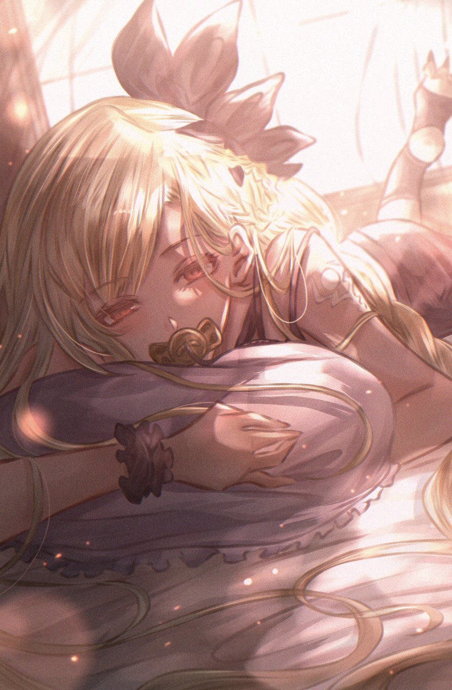 1girl blonde_hair blush curtains d3jgv dark-skinned_female dark_skin eyebrows_visible_through_hair feet_up granblue_fantasy helel_ben_shalem highres long_hair looking_at_viewer lying on_stomach pacifier red_eyes room sharp_toenails tattoo toenails window