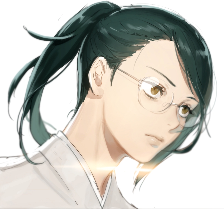 1girl glasses green_hair jujutsu_kaisen nonockha ponytail round_eyewear simple_background white_background yellow_eyes zen'in_maki