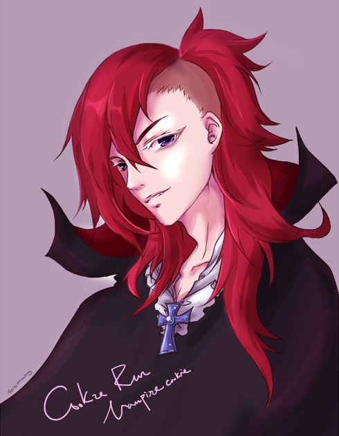 1boy artist_request blush collarbone cookie_run eyebrows fangs hair_over_one_eye humanization long_hair looking_at_viewer looking_down male_focus open_mouth personification redhead solo teeth upper_body vampire vampire_cookie violet_eyes white_background