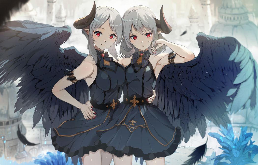 2girls armlet black_wings breasts brooch closed_mouth commentary_request cowboy_shot dress feathered_wings feathers grey_hair hand_in_own_hair hand_on_another's_hip hand_on_hip horns jewelry looking_at_viewer medium_breasts medium_hair multiple_girls original red_eyes short_hair single_horn single_wing sleeveless sleeveless_dress small_breasts standing wind wings yoshitake