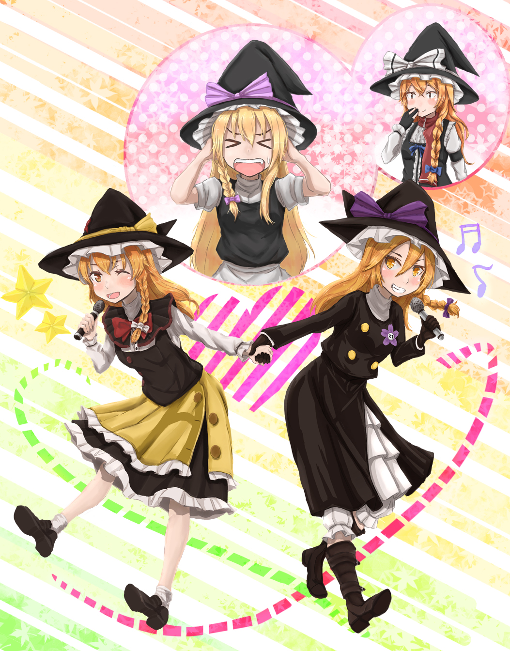 &gt;_&lt; 4girls :d apron azusa_(cookie) bangs black_coat black_footwear black_gloves black_headwear black_skirt black_vest blonde_hair blue_bow boots bow bowtie braid breasts brown_footwear closed_eyes closed_mouth coat commentary_request cookie_(touhou) frilled_hat frills full_body gloves grin haiperion_buzan hair_bow hat hat_bow highres holding holding_hands holding_microphone kirisame_marisa long_hair long_sleeves mars_(cookie) medium_breasts microphone multiple_girls musical_note one_eye_closed open_mouth partially_fingerless_gloves pink_bow purple_bow red_bow red_bowtie red_scarf rei_(cookie) scarf shirt shoes side_braid single_braid skirt smile socks touhou turtleneck underwear upper_body uzuki_(cookie) vest waist_apron white_apron white_bow white_legwear white_shirt witch_hat