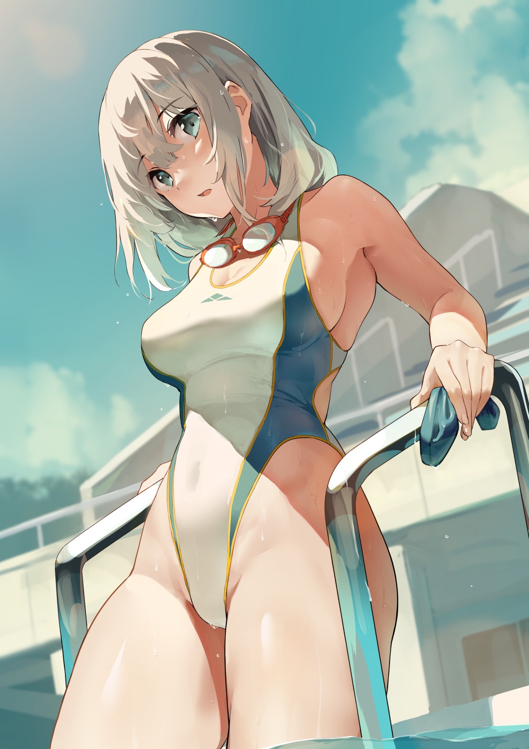 1girl blue_eyes blue_sky breasts clouds commentary competition_swimsuit day duplicate eyebrows_visible_through_hair eyewear_around_neck hair_between_eyes highleg highleg_swimsuit highres kekemotsu large_breasts looking_at_viewer one-piece_swimsuit original outdoors pixel-perfect_duplicate poolside short_hair sky solo swimsuit symbol-only_commentary thighs wet white_hair white_swimsuit