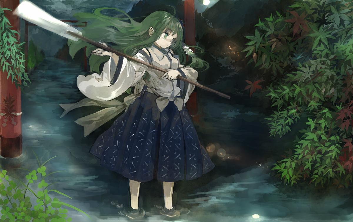 1girl ahoge bangs blue_skirt bow commentary_request detached_sleeves dot_mouth forest gohei green_eyes green_hair hair_ornament holding_gohei kochiya_sanae konabetate long_hair moon mountain nature river riverbank shirt skirt snake_hair_ornament solo torii touhou tree wading waist_bow water white_bow white_shirt wide_sleeves