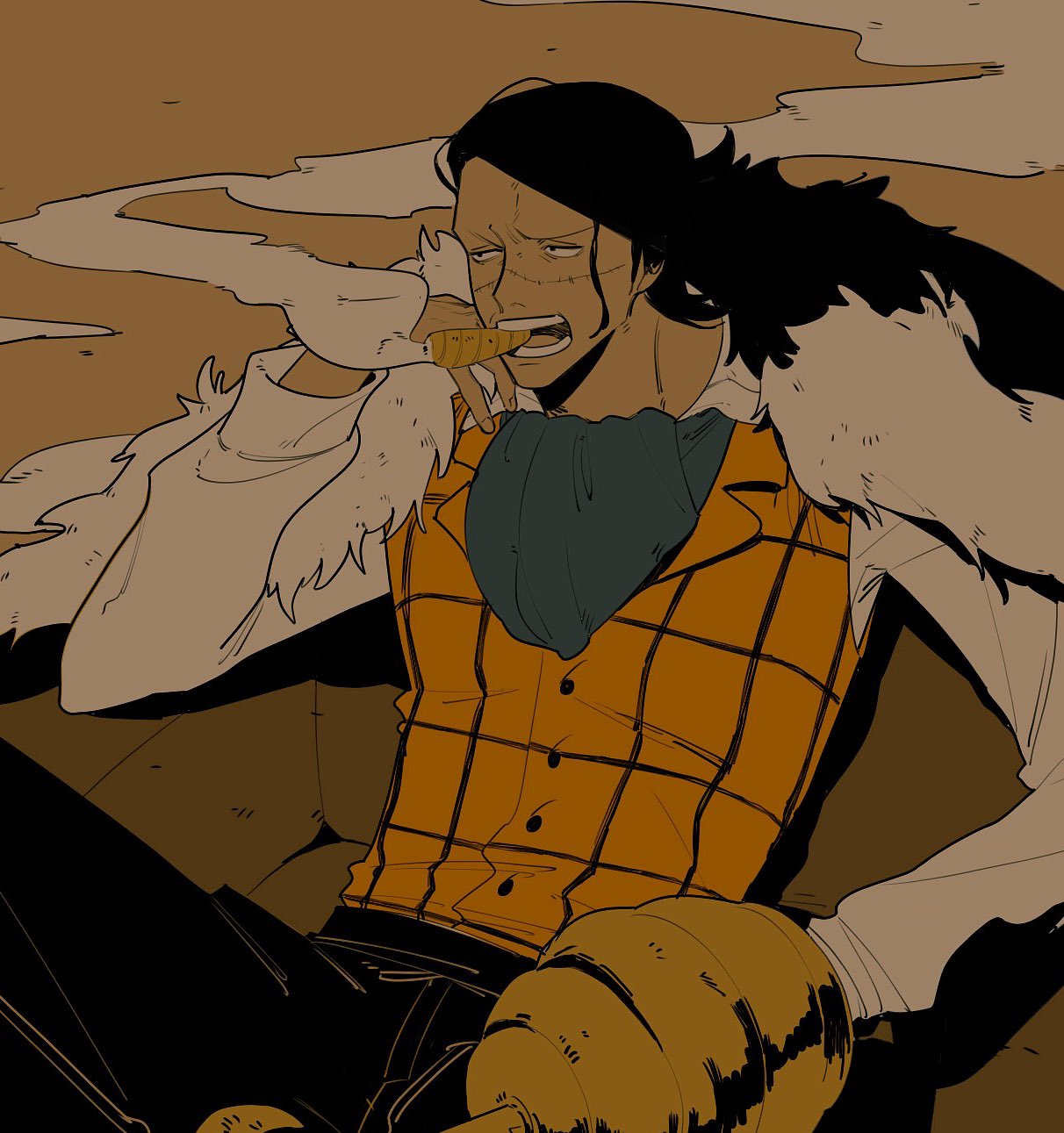 1boy cigar crocodile_(one_piece) dark fur_coat hair_slicked_back highres hook hook_hand long_sleeves male_focus numata_(oioioioiai) one_piece scar scar_on_face smoking solo vest vest_over_shirt