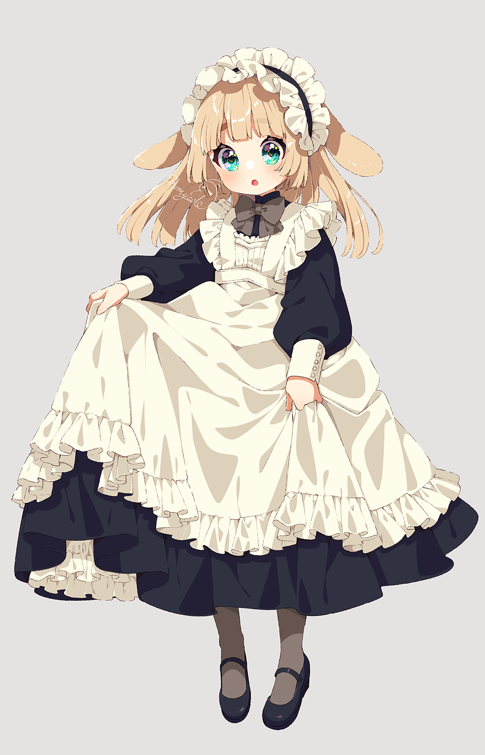 1girl :o animal_ears apron bangs black_dress black_footwear black_hairband blush brown_legwear commentary_request dress eyebrows_visible_through_hair frilled_apron frilled_hairband frills green_eyes grey_background hairband highres light_brown_hair long_hair long_sleeves looking_at_viewer maid maid_apron mamyouda open_mouth original pantyhose puffy_long_sleeves puffy_sleeves shoes short_eyebrows signature simple_background skirt_hold solo thick_eyebrows white_apron