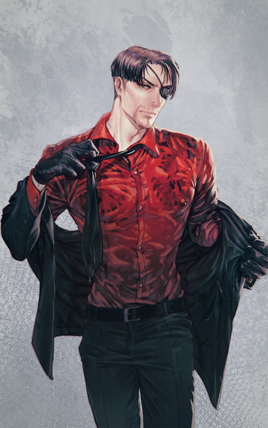 1boy black_gloves black_hair black_jacket black_pants covered_nipples cup drinking_glass eyepatch facial_hair formal gloves goatee highres irezumi jacket jewelry jiao_mao looking_at_viewer majima_gorou male_focus mature_male necklace nipples one-eyed open_clothes open_shirt pants red_shirt ryuu_ga_gotoku ryuu_ga_gotoku_4 shirt short_hair shot_glass tattoo undressing wet white_background yakuza