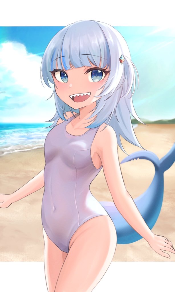 1girl 9696k bangs bare_shoulders beach blue_eyes blue_hair blue_sky blunt_bangs breasts clouds eyebrows_visible_through_hair fish_tail gawr_gura hair_ornament hololive hololive_english long_hair looking_at_viewer multicolored_hair navel ocean one-piece_swimsuit open_mouth shark_girl shark_hair_ornament shark_tail sharp_teeth shore short_twintails sky small_breasts solo streaked_hair swimsuit tail teeth twintails virtual_youtuber water white_hair white_swimsuit