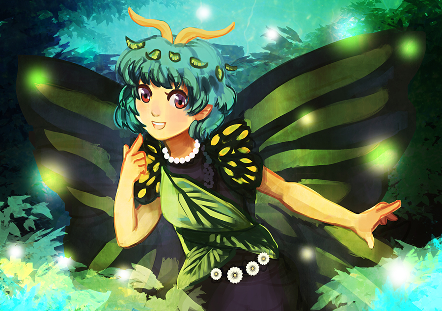 1girl antennae aqua_hair bad_anatomy bad_arm brown_eyes butterfly_wings dress eternity_larva eyebrows_visible_through_hair fairy green_dress k-ailisi leaf leaf_on_head multicolored_clothes multicolored_dress open_mouth short_hair short_sleeves smile solo touhou upper_body wings