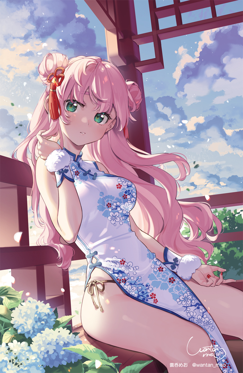 1girl ass_visible_through_thighs bangs bare_arms bare_legs bare_shoulders blue_flower blush breasts china_dress chinese_clothes chinese_knot clouds cloudy_sky day double_bun dress eyebrows_visible_through_hair feet_out_of_frame floral_print flower fur_trim green_eyes hair_ornament highres holding holding_hair long_hair looking_at_viewer medium_breasts meo nail_polish original panties parted_lips pink_hair red_nails side-tie_panties signature sitting sky sleeveless solo sunlight thighs twitter_username underwear watermark white_dress wrist_cuffs