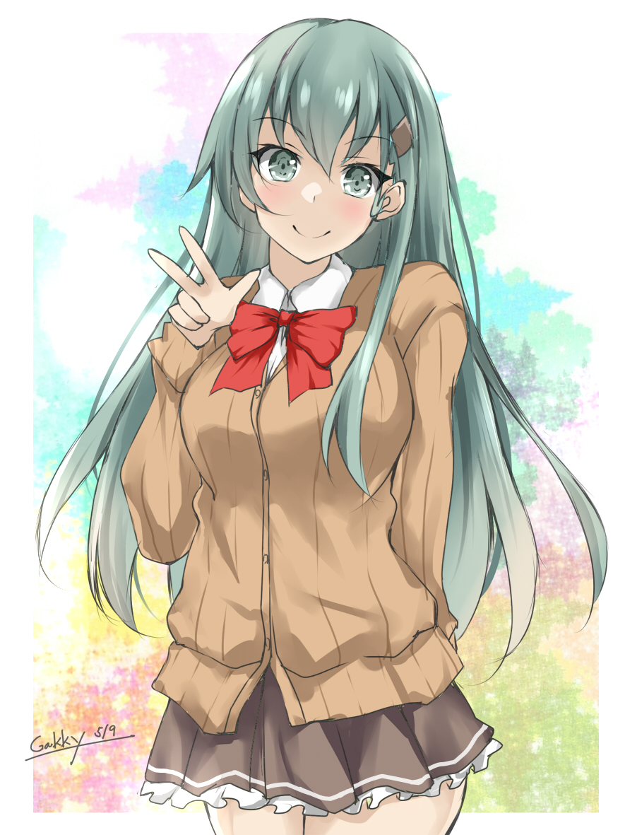 1girl adapted_costume aqua_eyes aqua_hair bow bowtie brown_cardigan brown_legwear brown_skirt cardigan commentary_request gakky hair_ornament hairclip kantai_collection long_hair one-hour_drawing_challenge pleated_skirt red_bow red_bowtie school_uniform skirt smile solo suzuya_(kancolle) suzuya_kai_ni_(kancolle) v