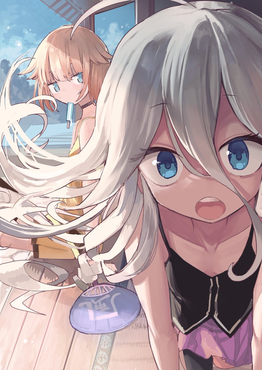 2girls ahoge bent_over black_legwear black_shirt blonde_hair blue_eyes cevio choker close-up collarbone commentary food hair_flaps hand_fan highres ia_(vocaloid) long_hair looking_at_viewer looking_to_the_side microa miniskirt mouth_hold multiple_girls one_(cevio) open_mouth outdoors paper_fan pink_skirt popsicle popsicle_in_mouth shirt siblings sidelighting sisters skirt spaghetti_strap teeth translated uchiwa upper_teeth veranda very_long_hair vocaloid yellow_shirt yellow_skirt