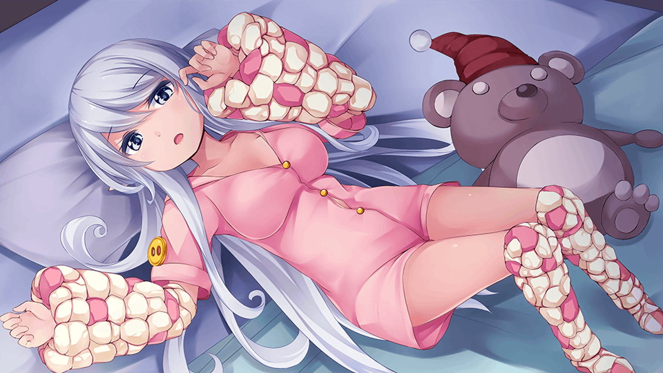 1girl artist_request blue_eyes breasts buttons game_cg grey_hair large_breasts long_hair looking_at_viewer lying monster_musume_no_iru_nichijou monster_musume_no_iru_nichijou_online official_art on_back on_bed open_mouth pajamas pink_pajamas pointy_ears solo stuffed_animal stuffed_toy teddy_bear tierra_(monster_musume) very_long_hair