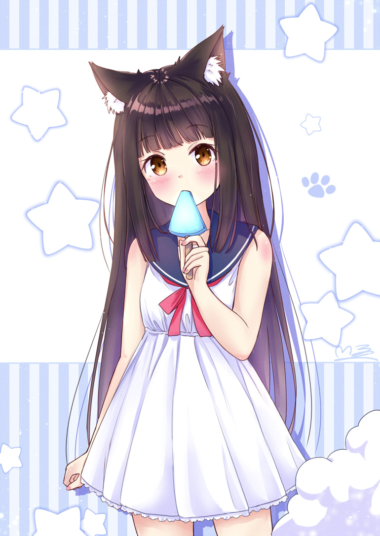 1girl alternate_costume animal_ears azur_lane bangs black_hair blunt_bangs blush bow bowtie casual commentary_request contemporary dress eating eyebrows_visible_through_hair food fox_ears fox_girl holding long_hair looking_at_viewer m_ko_(maxft2) nagato_(azur_lane) popsicle sailor_dress sidelocks simple_background sleeveless solo white_background white_dress yellow_eyes