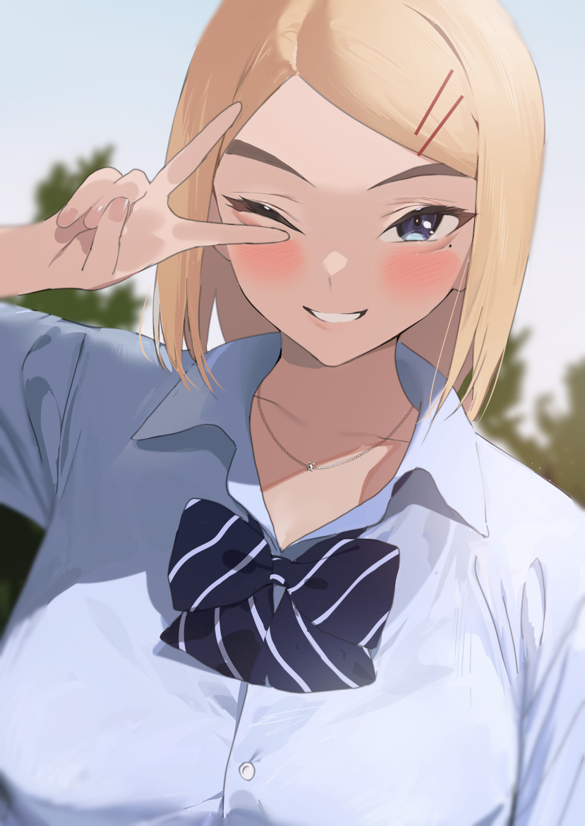 1girl ;d bangs blonde_hair blue_eyes blurry blurry_background blush bow bowtie breasts collared_shirt grin gyaru hair_ornament hairclip ikuchan_kaoru jewelry kogal large_breasts long_hair looking_at_viewer one_eye_closed original paid_reward_available parted_bangs school_uniform shirt short_sleeves smile solo striped upper_body v v_over_eye white_shirt