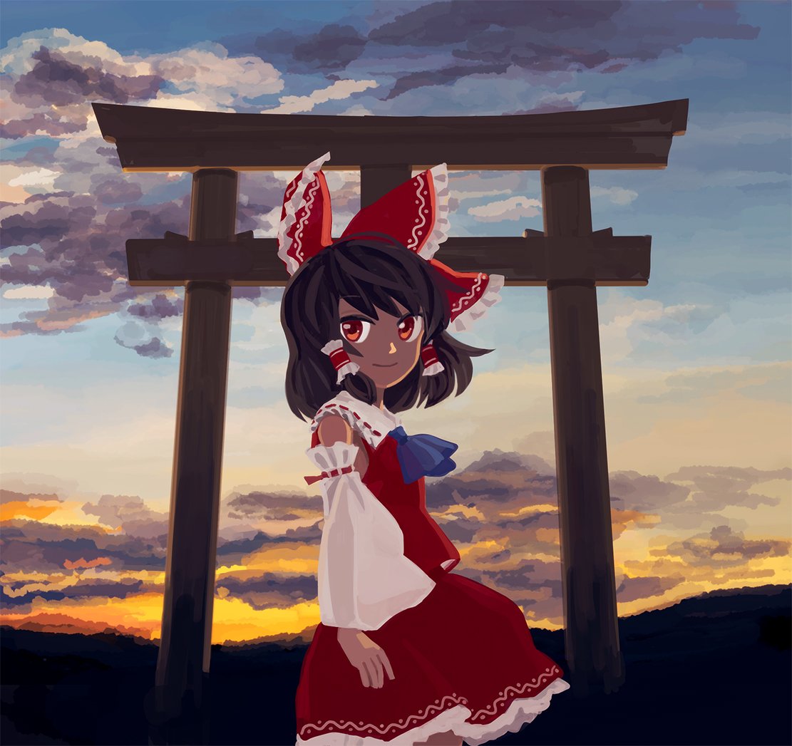 1girl arms_at_sides ascot black_hair blue_ascot bow closed_mouth clouds cowboy_shot detached_sleeves frilled_bow frilled_hair_tubes frills from_side hair_bow hair_tubes hakurei_reimu looking_at_viewer looking_to_the_side medium_hair outdoors red_bow red_eyes red_skirt red_vest ribbon_trim sidelocks skirt skirt_set sky smile solo sunset torii touhou vest white_sleeves wide_sleeves you_taira