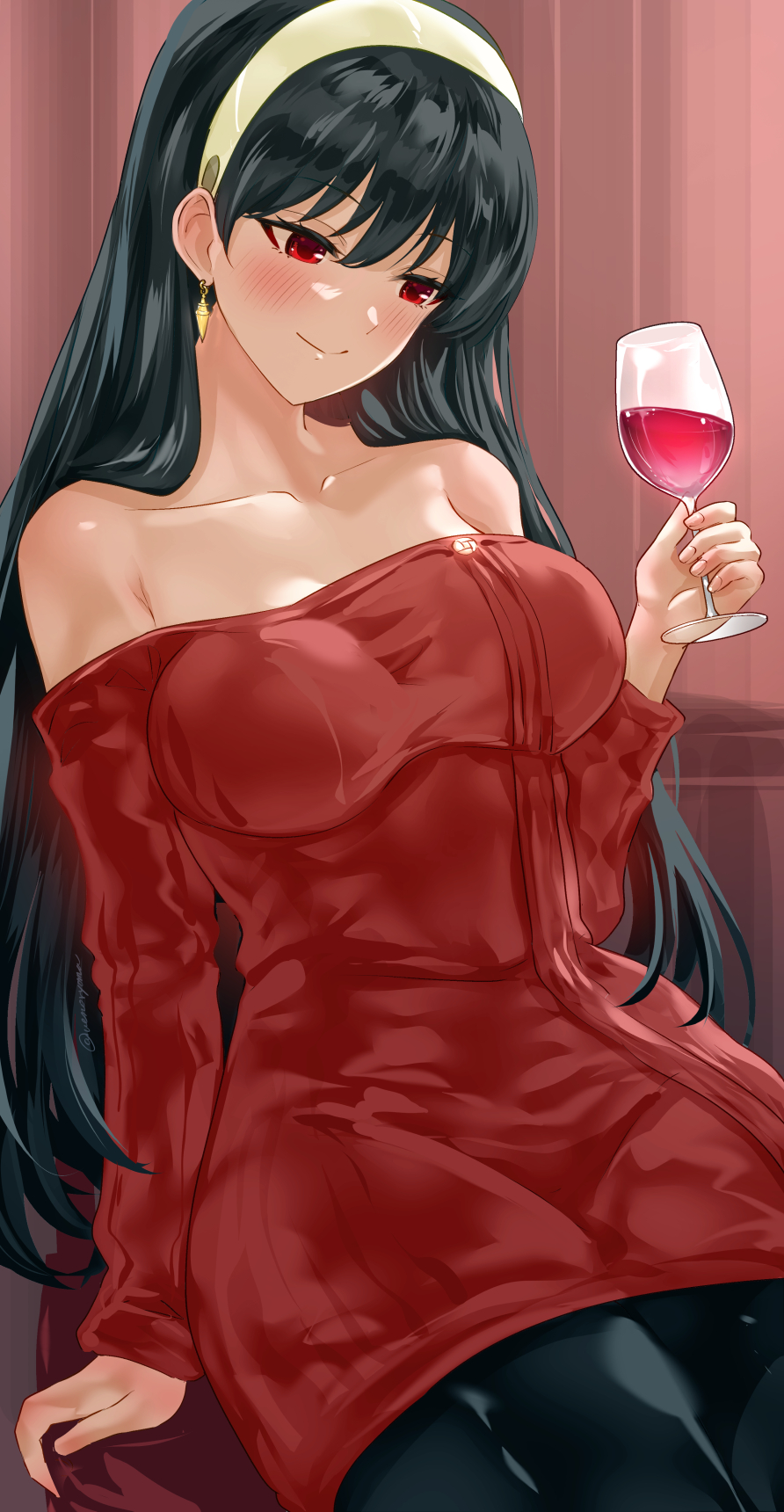 1girl bangs bare_shoulders black_hair black_legwear blush breasts closed_mouth collarbone cup dress drinking_glass earrings eyebrows_visible_through_hair gold_earrings hairband highres holding holding_cup jewelry large_breasts long_hair looking_down off-shoulder_sweater off_shoulder red_sweater sitting smile solo spy_x_family sweater sweater_dress twitter_username uenoryoma white_hairband wine_glass yor_briar