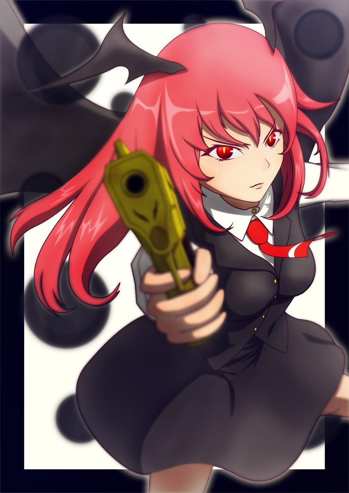 1girl aiming_at_viewer bat_wings black_border black_skirt black_vest blurry border breasts bright_pupils collared_shirt commentary_request depth_of_field dress_shirt eyelashes finger_on_trigger foreshortening golden_gun hair_between_eyes head_wings koakuma kobedenshi lips long_hair long_sleeves medium_breasts necktie red_necktie redhead serious shirt sidelocks simple_background skirt skirt_set solo touhou v-shaped_eyebrows vest white_background white_shirt wings yellow_pupils