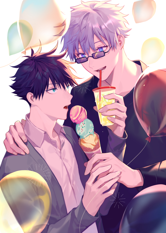 2boys balloon black_hair black_shirt blue_eyes cardigan collared_shirt commentary_request cup disposable_cup drink drinking_straw food fushiguro_megumi gojou_satoru green_eyes grey_cardigan hair_between_eyes holding holding_cup ice_cream ice_cream_cone jujutsu_kaisen long_sleeves looking_at_another male_focus multiple_boys open_mouth shared_food shirt short_hair spiky_hair sunglasses triple_scoop white_hair white_shirt wuzhiang_liufu