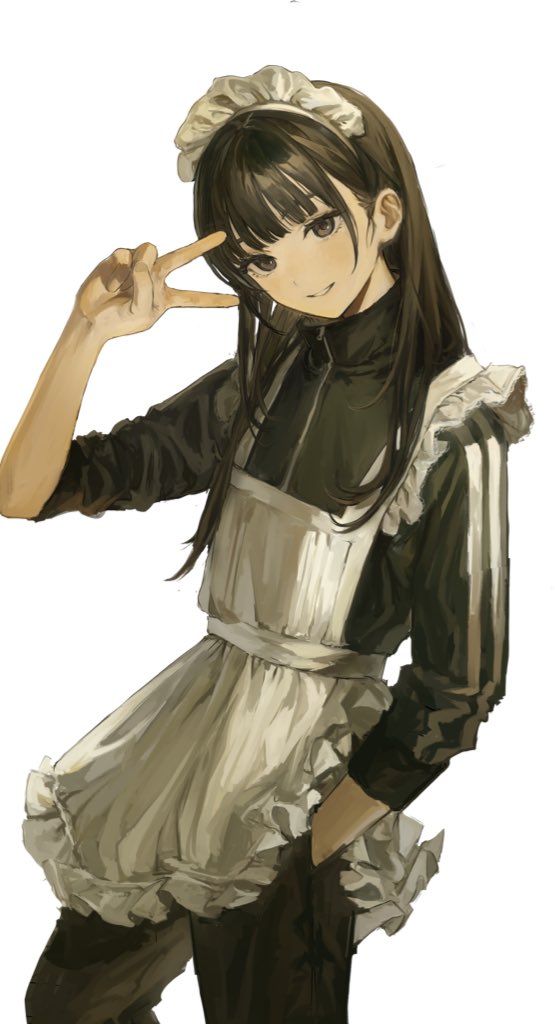 1boy androgynous apron bangs black_jacket blunt_bangs brown_eyes brown_hair crossdressing feet_out_of_frame funabashi_(iwzry) hand_in_pocket hand_up head_tilt jacket long_hair looking_at_viewer maid_apron maid_headdress male_focus original otoko_no_ko simple_background smile solo standing track_jacket track_suit v white_background zipper