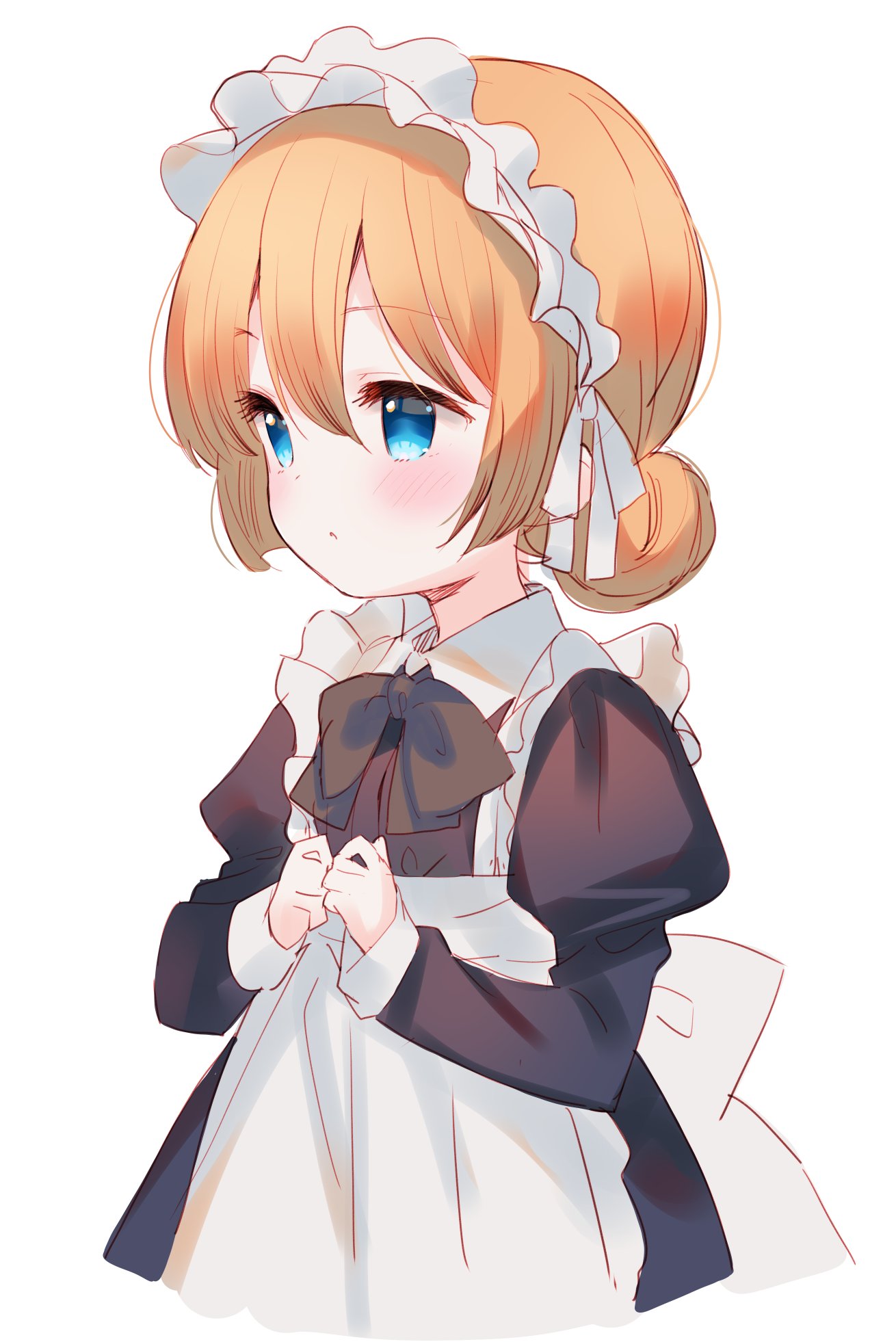 1girl apron bangs black_bow black_dress blonde_hair blue_eyes blush bow closed_mouth collared_dress dress eyebrows_visible_through_hair frilled_apron frilled_hairband frills hair_between_eyes hair_bun hairband highres juliet_sleeves long_sleeves looking_away maid maid_apron meito_(maze) original own_hands_together puffy_sleeves simple_background sleeves_past_wrists solo white_apron white_background white_hairband