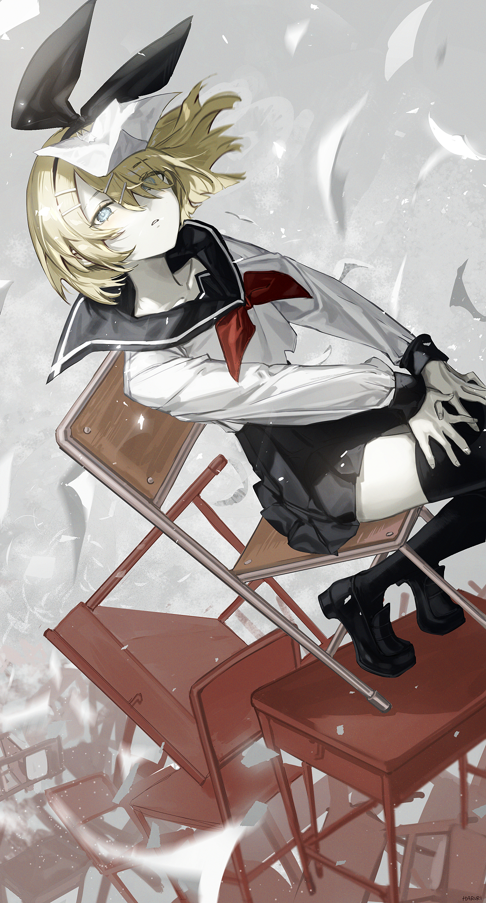 1girl bangs black_footwear black_legwear black_ribbon black_sailor_collar black_skirt blonde_hair blue_eyes chair commentary desk english_commentary eyebrows_visible_through_hair eyes_visible_through_hair hair_over_one_eye hair_ribbon haruri highres kagamine_rin loafers long_sleeves looking_at_viewer lost_one_no_goukoku_(vocaloid) neckerchief on_chair paper parted_lips pleated_skirt red_neckerchief ribbon sailor_collar school_chair school_desk school_uniform serafuku shirt shoes sitting skirt solo thigh-highs vocaloid white_shirt wind