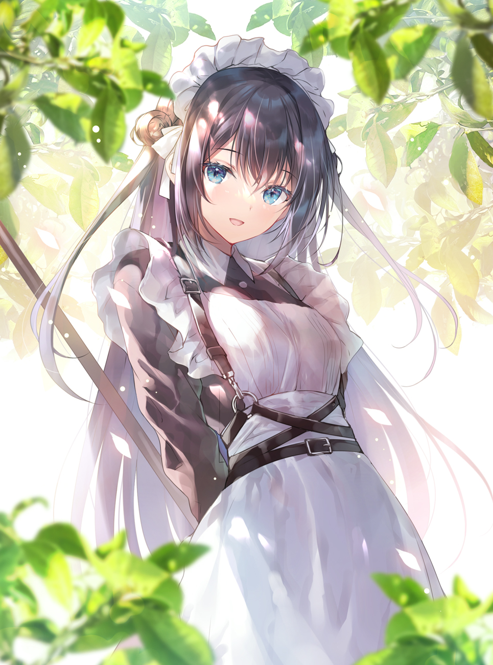 1girl :d apron arms_behind_back black_hair blue_eyes blurry blurry_background blurry_foreground branch breasts broom highres leaf long_hair looking_at_viewer maid maid_apron maid_headdress medium_breasts miwabe_sakura open_mouth original small_breasts smile twintails very_long_hair