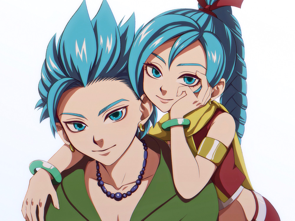 1boy 1girl armband blue_eyes blue_hair bracelet braid braided_ponytail camus_(dq11) closed_mouth dragon_quest dragon_quest_xi earrings hanemakura high_braid jewelry long_hair looking_at_viewer maya_(dq11) necklace red_vest simple_background single_braid smile vest white_background