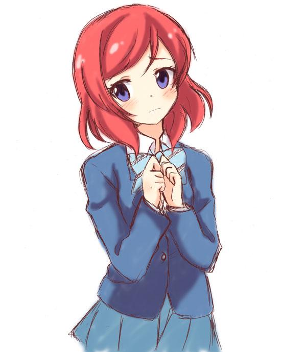 1girl blue_bow blue_jacket blue_skirt blush bow closed_mouth hands_up jacket light_frown looking_away looking_to_the_side love_live! love_live!_school_idol_project massala medium_hair nishikino_maki otonokizaka_school_uniform own_hands_together redhead school_uniform shy simple_background single_bang sketch skirt solo striped striped_bow violet_eyes white_background winter_uniform