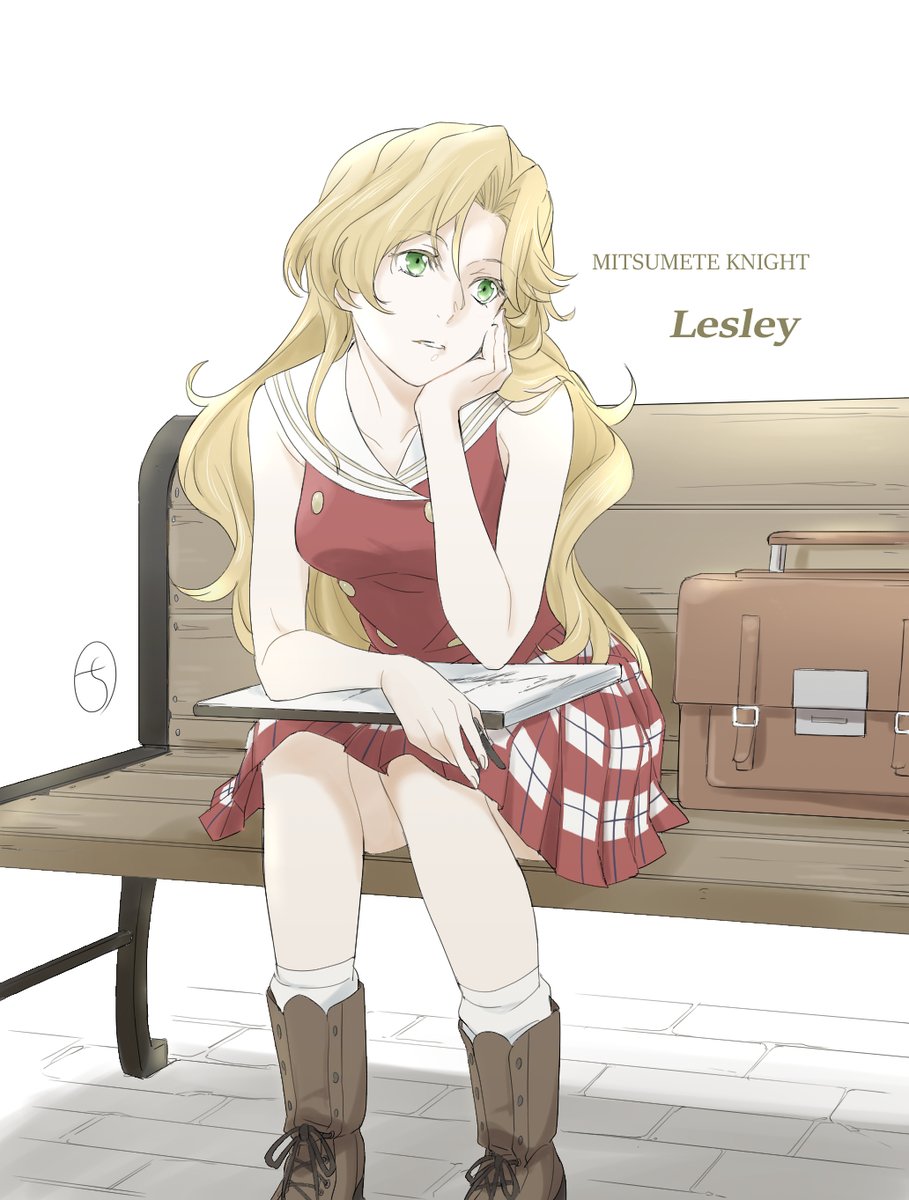 1girl bag bench blonde_hair boots breasts brick_floor character_name copyright_name feet_out_of_frame green_eyes hand_on_own_chin highres kobayashi_chizuru lesley_lopicana long_hair mitsumete_knight sitting skirt solo white_background