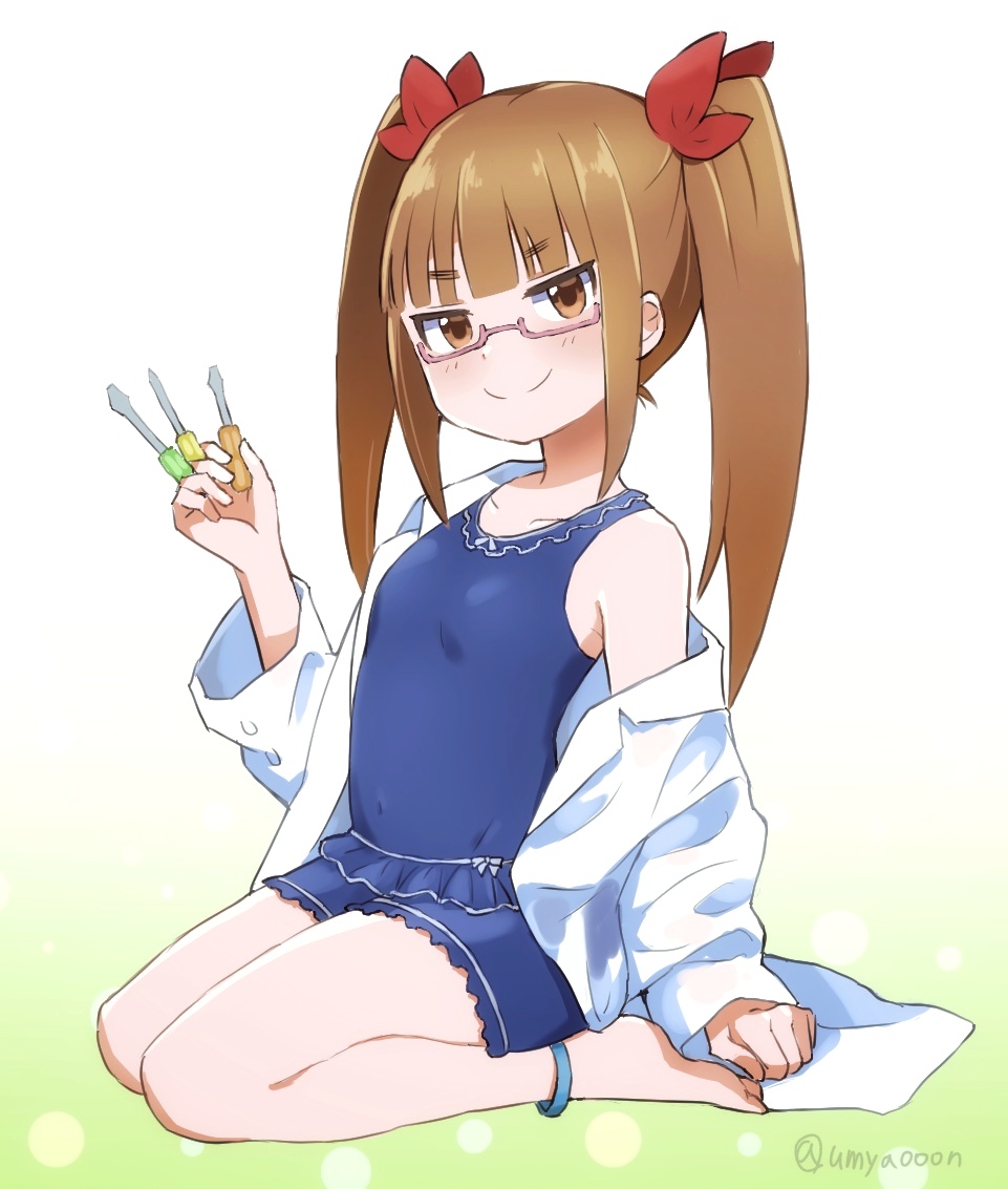1girl ankleband artist_name bangs barefoot bow breasts brown_eyes brown_hair covered_navel eyebrows_visible_through_hair full_body glassses holding holding_screwdriver idolmaster idolmaster_cinderella_girls ikebukuro_akiha labcoat looking_at_viewer pink-framed_eyewear red_bow screwdriver sidelocks simple_background sitting small_breasts smile solo twintails umyao_(umyaooon)