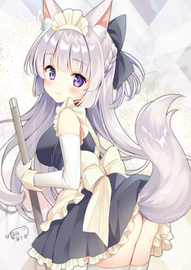 1girl animal_ears apron ass bangs bare_shoulders black_bow black_dress blush bow braid breasts closed_mouth commentary_request dress elbow_gloves eyebrows_visible_through_hair fox_ears fox_girl fox_tail frilled_apron frilled_dress frills from_side gloves hair_bow long_hair looking_at_viewer looking_to_the_side maid maid_apron medium_breasts natsuki_marina original signature sleeveless sleeveless_dress smile solo tail thigh-highs very_long_hair white_apron white_bow white_gloves white_legwear