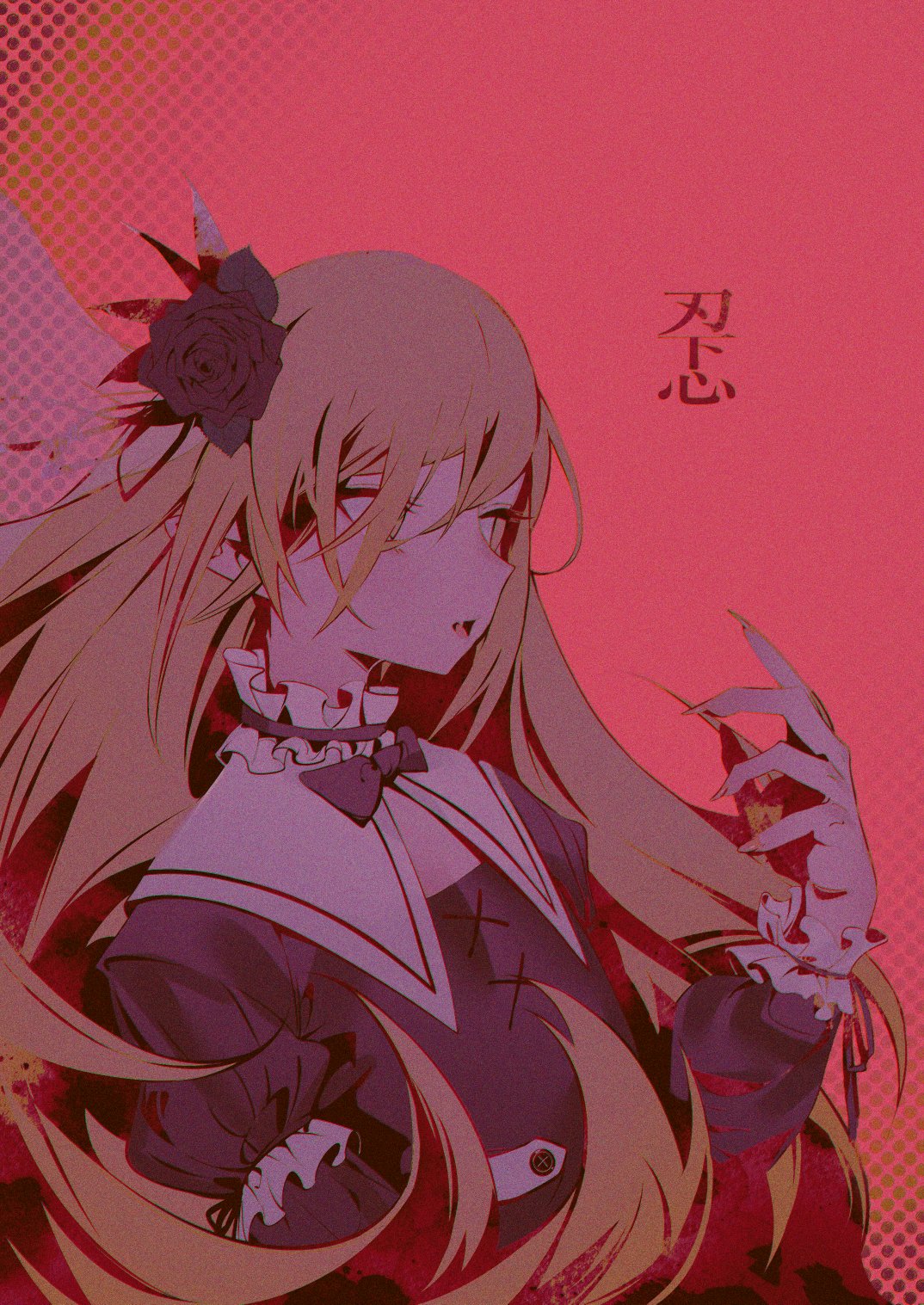 1girl bangs blonde_hair capelet claws dress fang flower frilled_dress frills hair_flower hair_ornament highres juliet_sleeves kanji kurokiri6630 long_hair long_sleeves monogatari_(series) open_mouth oshino_shinobu pointy_ears puffy_sleeves rose solo vampire yellow_eyes