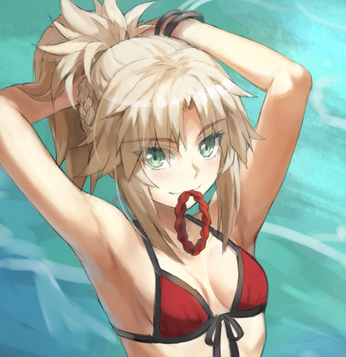 1girl armpits arms_behind_head arms_up bangs bare_shoulders bikini blonde_hair braid breasts collarbone fate/grand_order fate_(series) french_braid green_eyes hair_tie_in_mouth long_hair looking_at_viewer mordred_(fate) mordred_(swimsuit_rider)_(fate) mordred_(swimsuit_rider)_(first_ascension)_(fate) mouth_hold parted_bangs ponytail red_bikini red_scrunchie scrunchie sidelocks small_breasts smile swimsuit tonee tying_hair